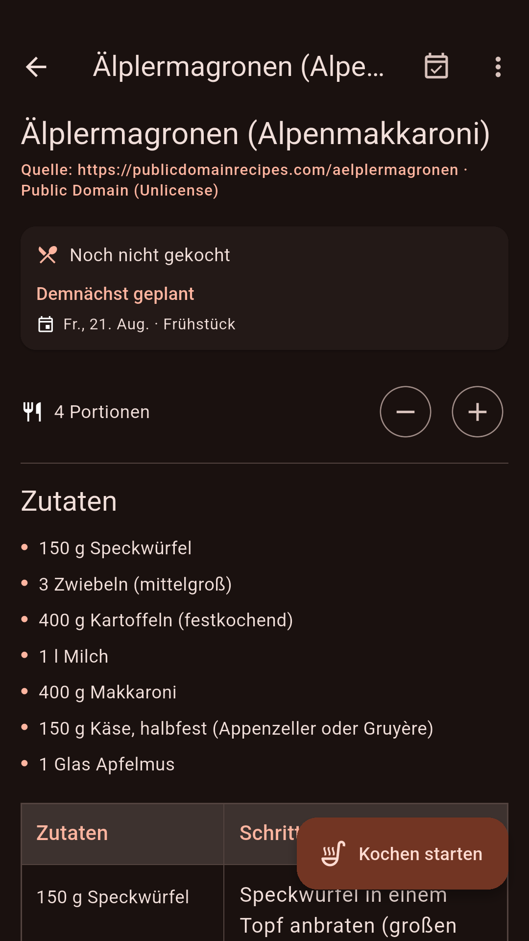 Rezept mit Zutaten und Schritten