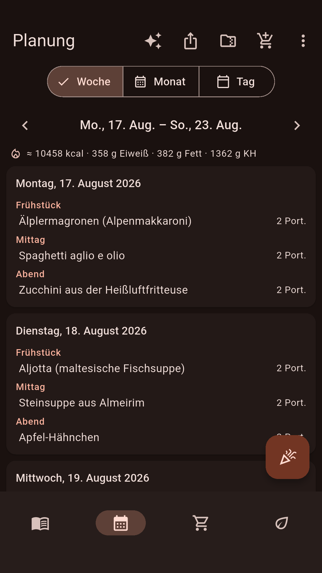 Wochenplan mit Mahlzeiten