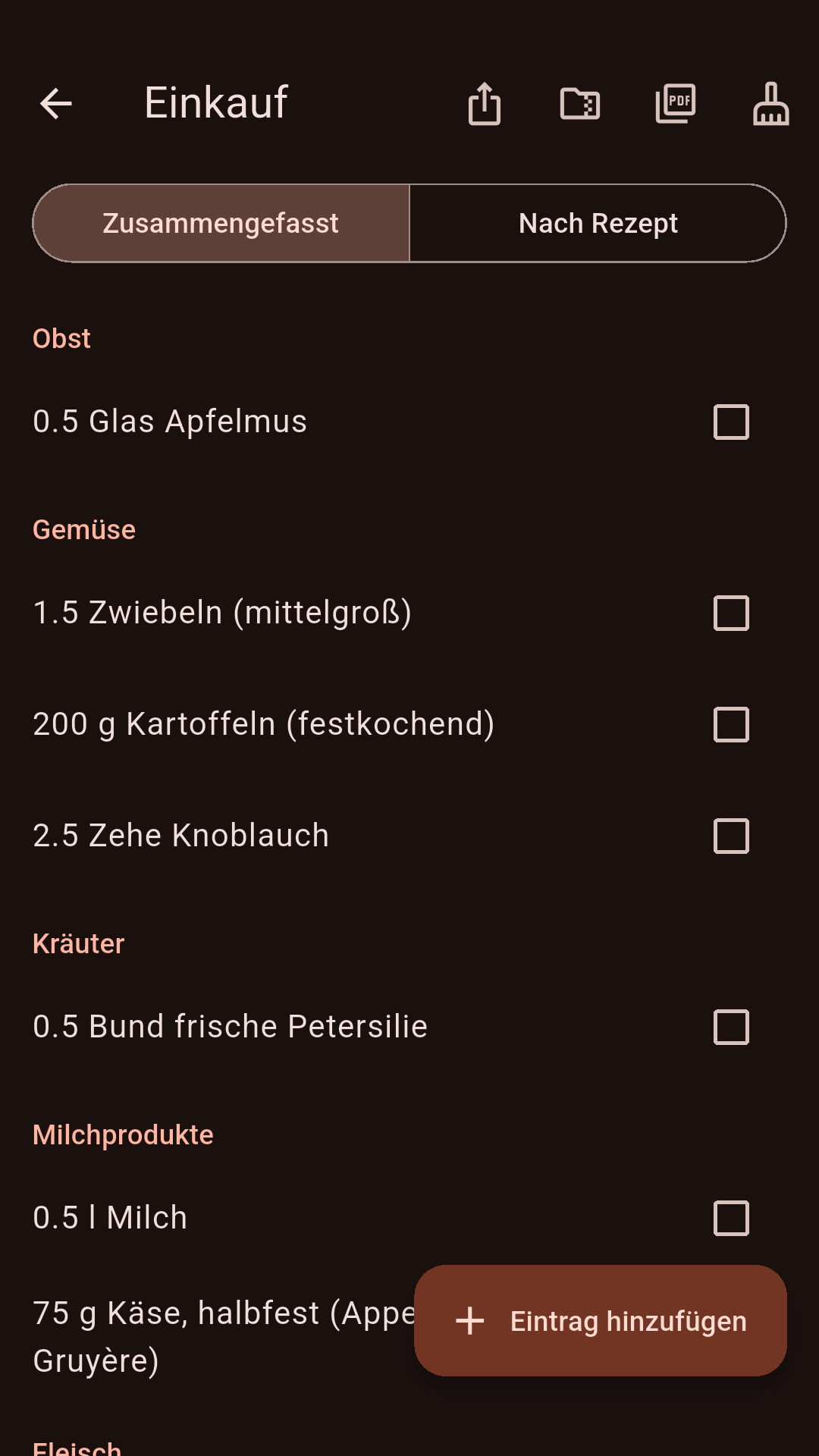 Einkaufsliste, nach Rezepten sortiert