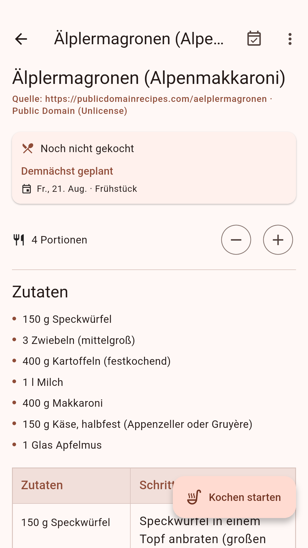 Rezept mit Zutaten und Schritten