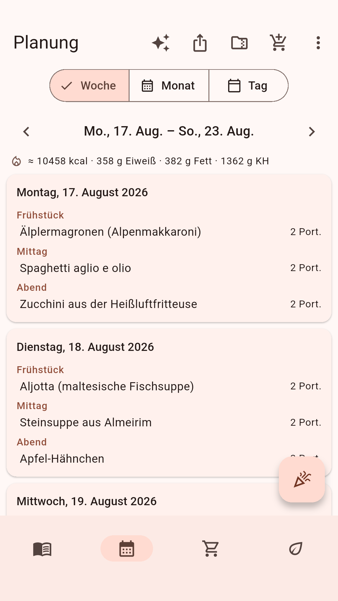 Wochenplan mit Mahlzeiten