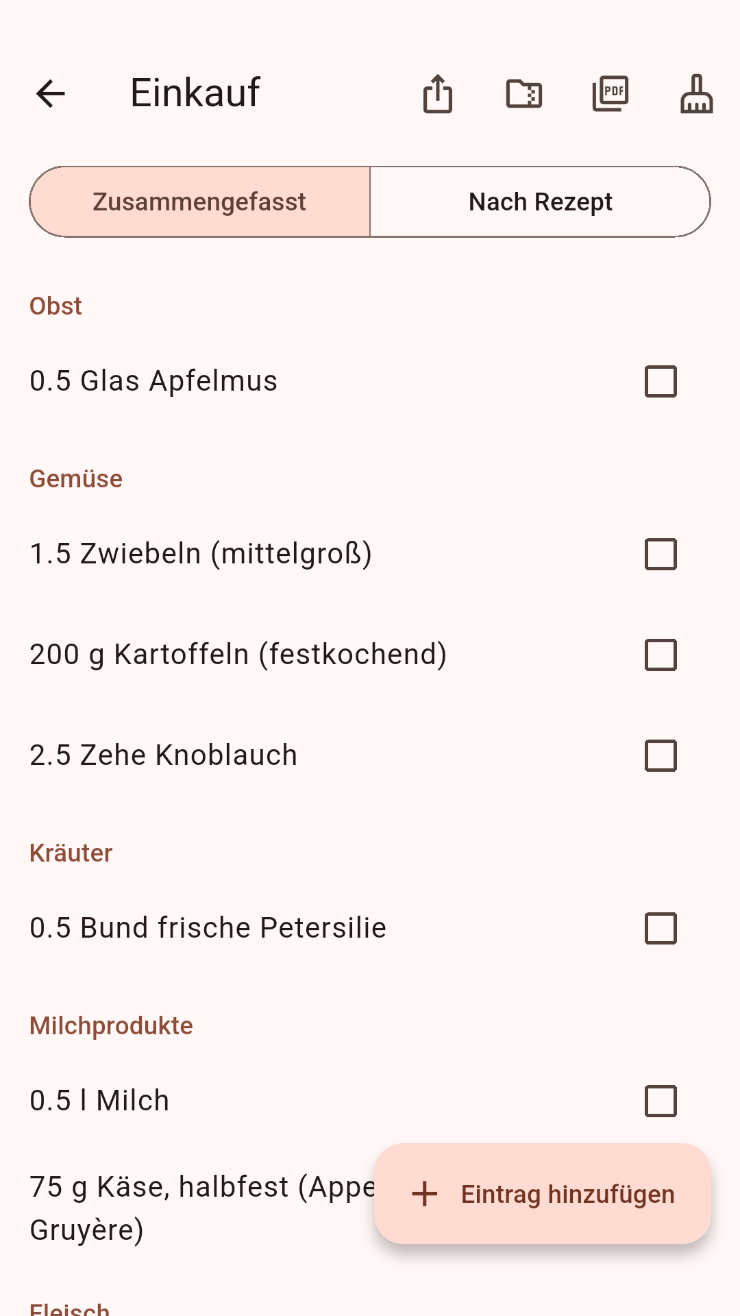 Einkaufsliste, nach Rezepten sortiert