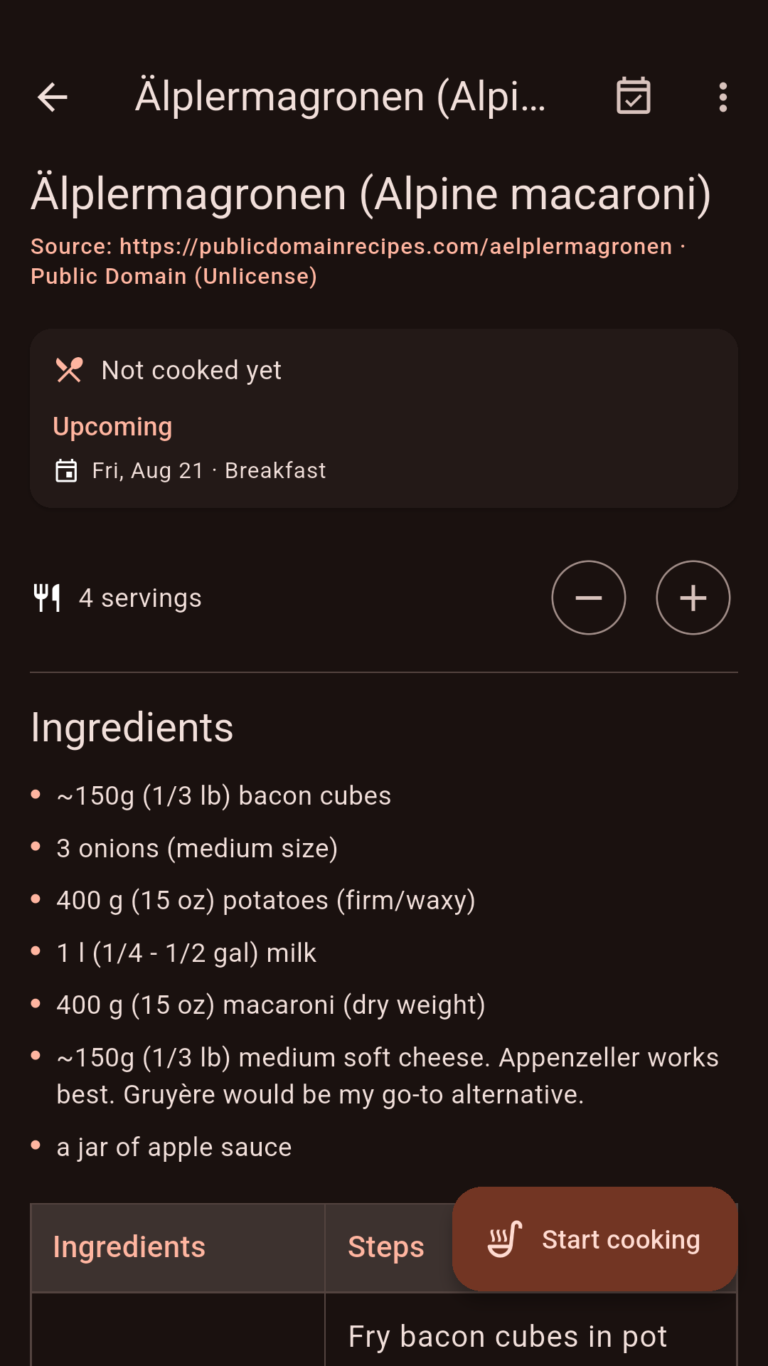 Recipe with ingredients and steps