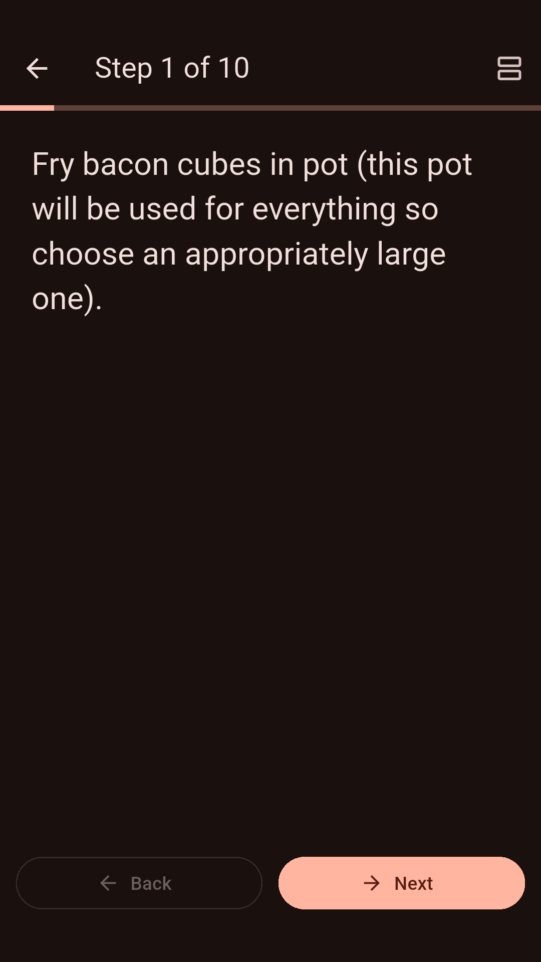 Cooking mode with large text
