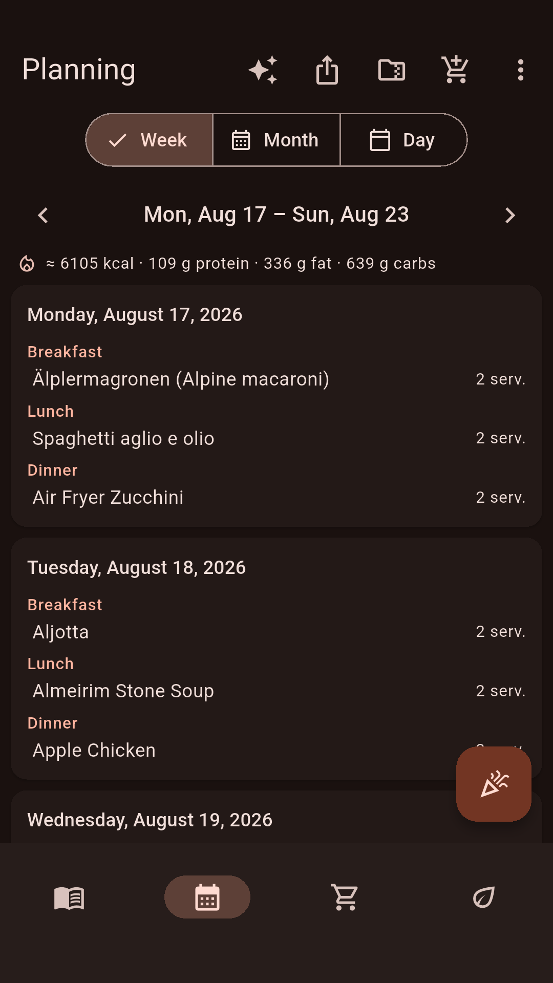 Week plan with meals