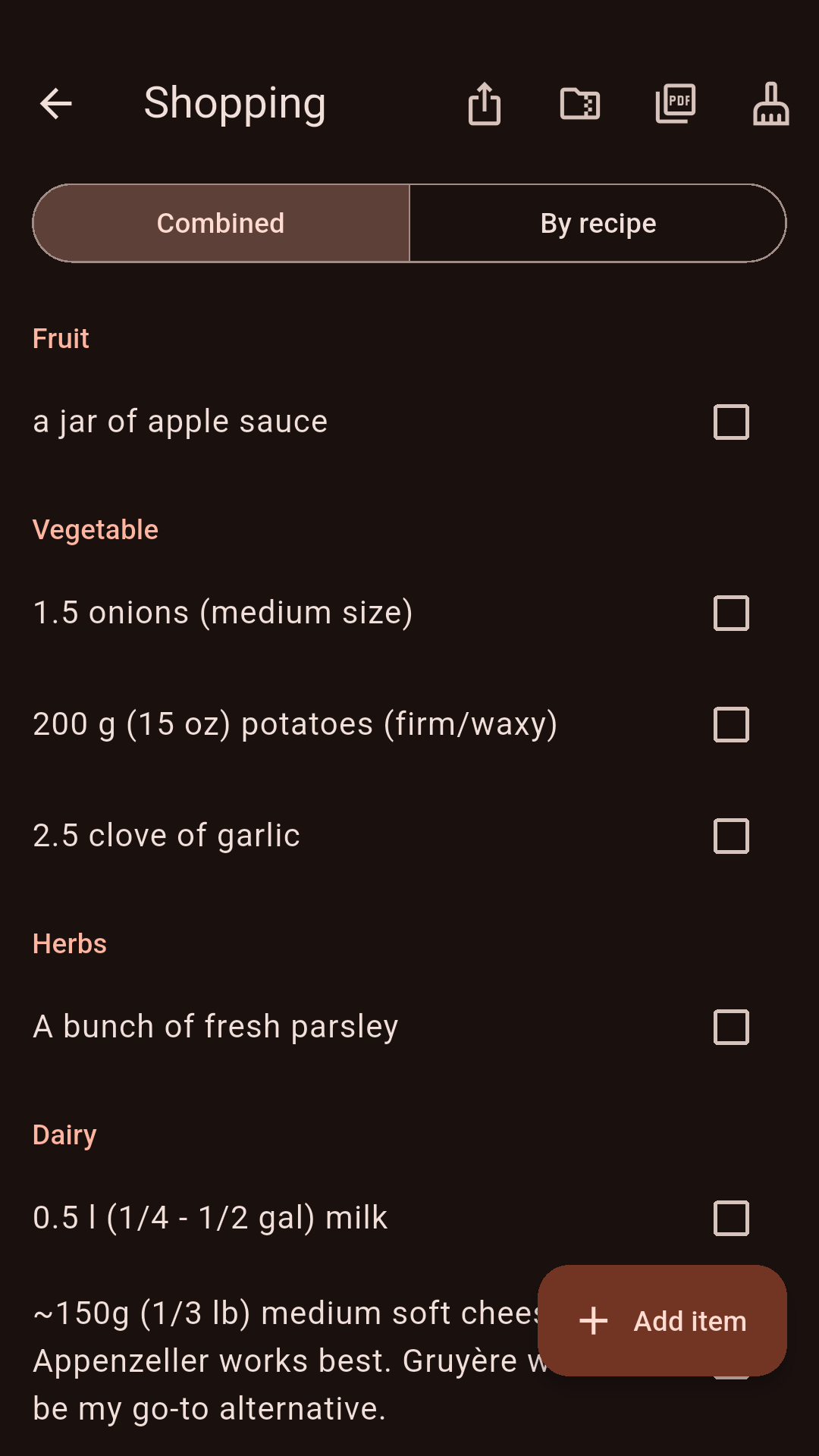 Shopping list sorted by recipe