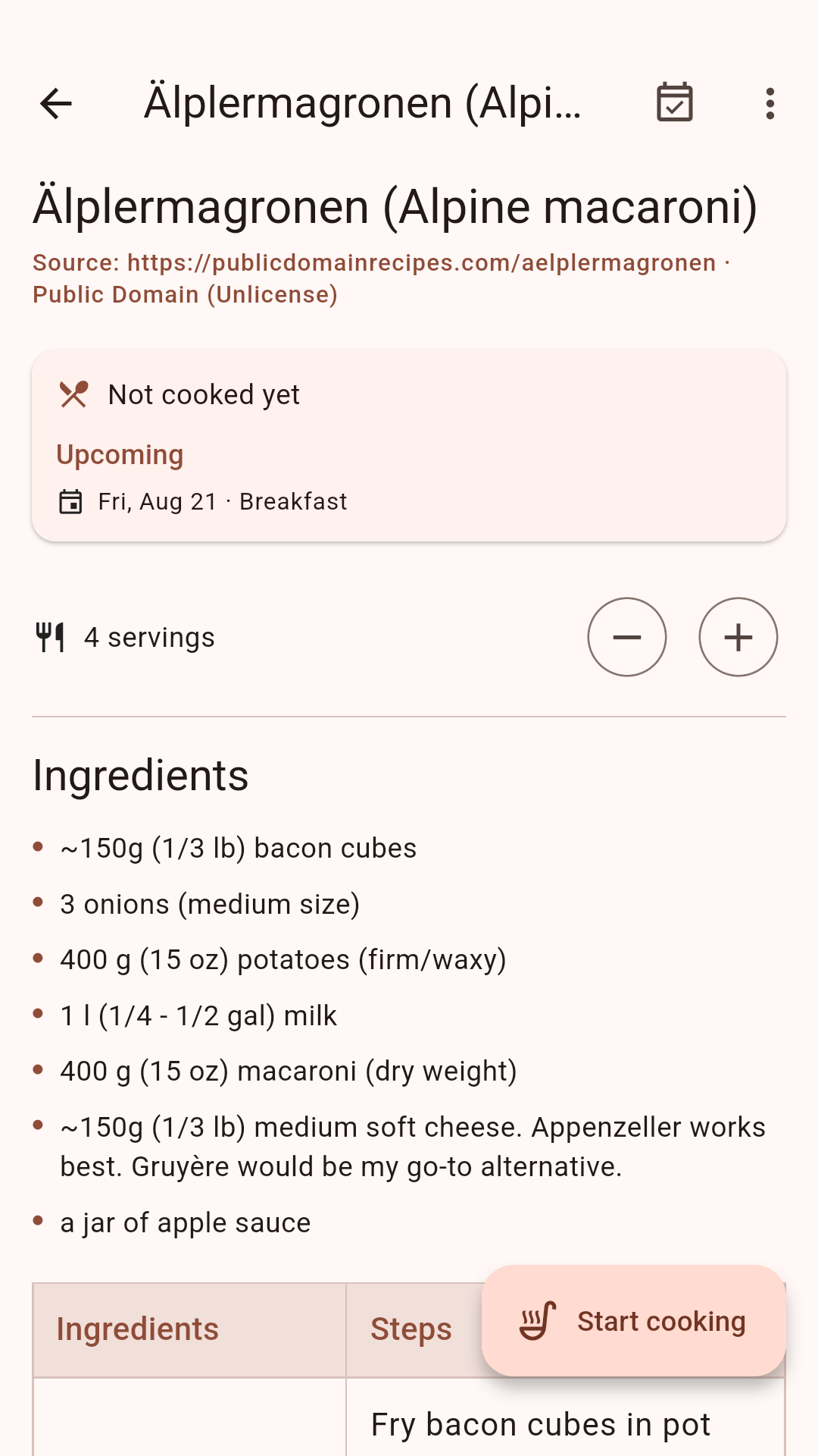 Recipe with ingredients and steps