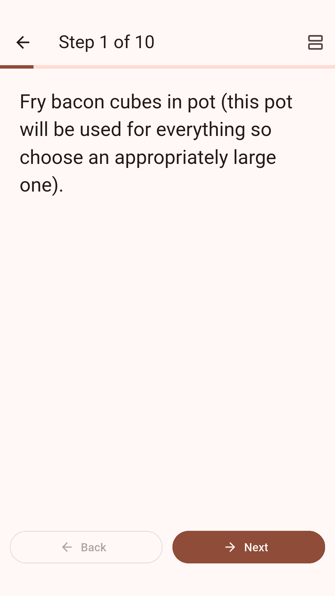 Cooking mode with large text