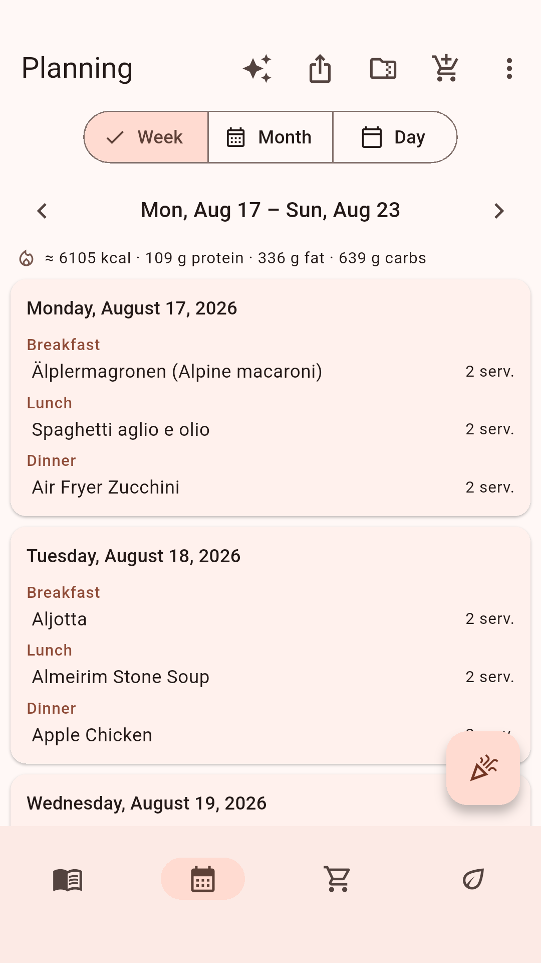 Week plan with meals