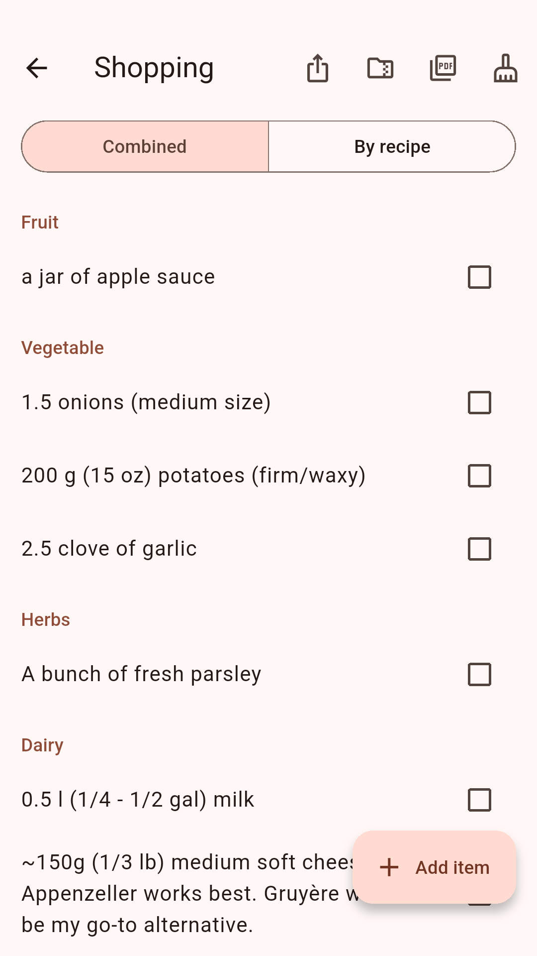 Shopping list sorted by recipe